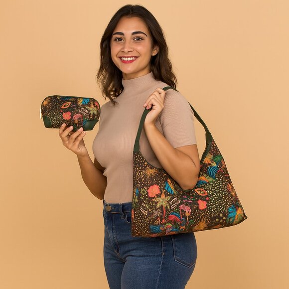 Green Costal Print Sling Hobo & Cosmetic Bag Set for Women– Fabric Shoulder Bag - Picture 2 of 5